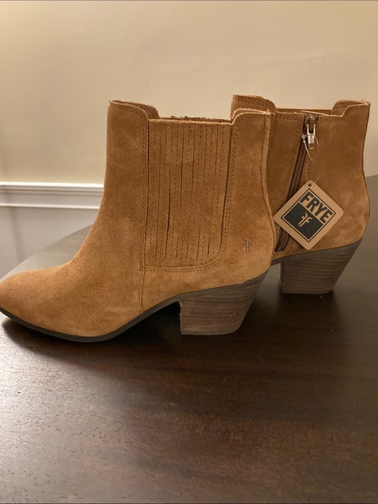 Frye Shoes - NWT Frye Cognac Suede Ankle Booties with Stacked Heel, Size 8.5